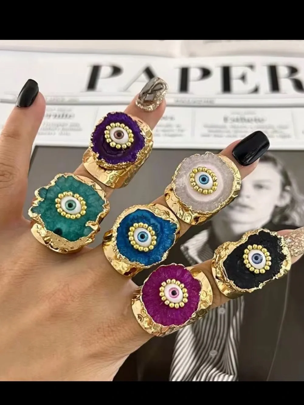 New! Gold-Plated Synthetic Geode Druzy Agate Blue Evil Eye Statement Ring